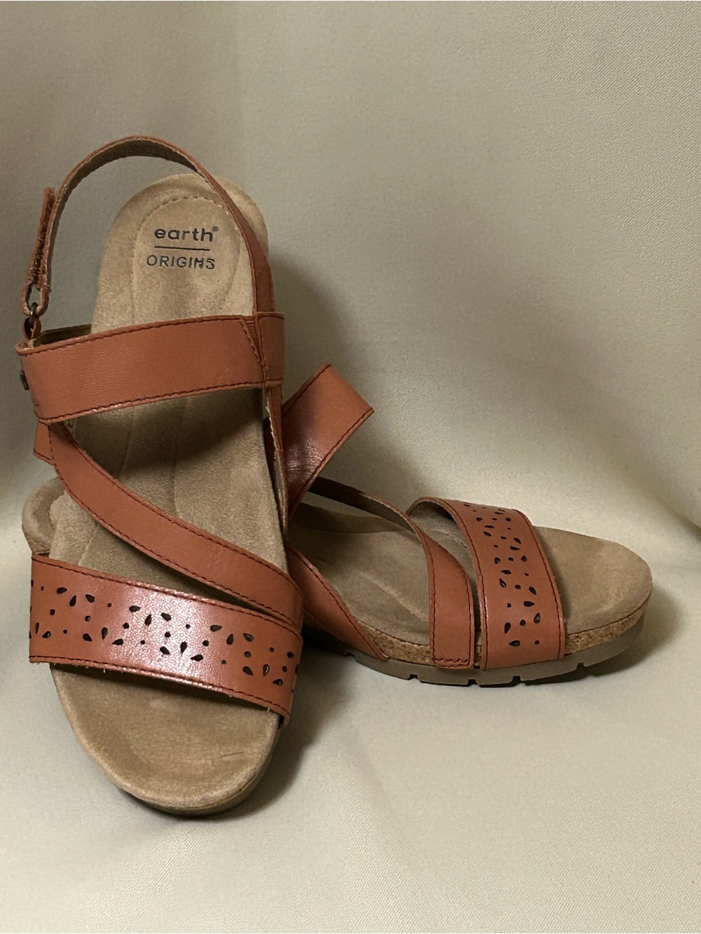 Earth Origins Tan-Brown Leather Strappy Sandals with Perforated Detail